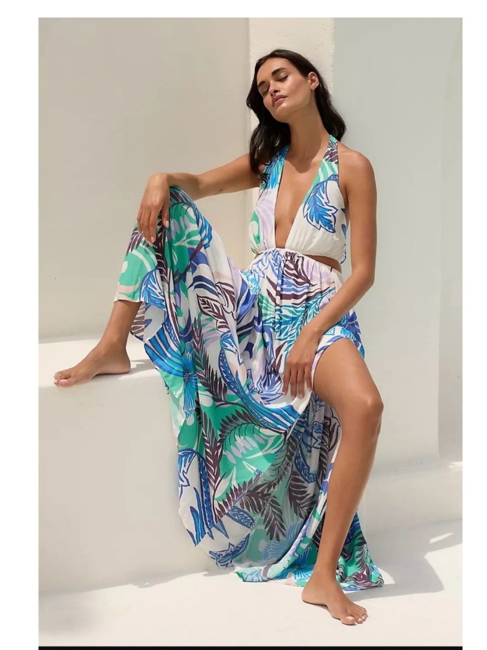 Anthropologie Halter Plunge Maxi Dress in Blue, Green & Lavender Size Medium - Picture 3 of 8